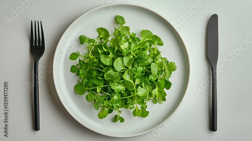 Green Microgreens on White Plate With Black Utensils for Healthy Lunch or Diet