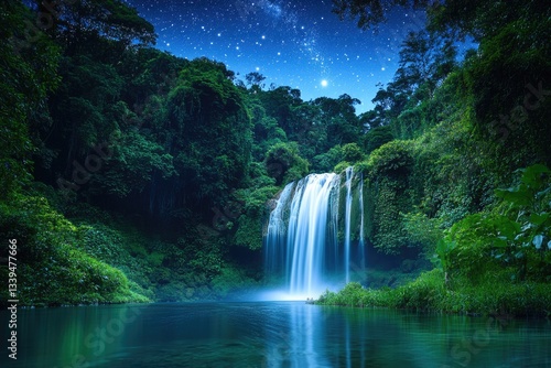 Waterfall in lush green forest