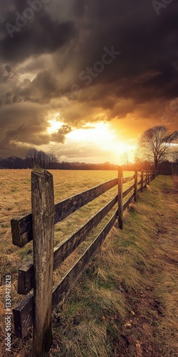 Sunset over wooden fence in tranquil field