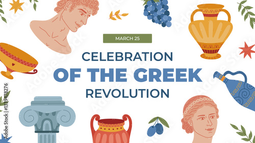 Horizontal colourful banner for Celebration of the Greek Revolution with cartoon illustration of historical Greece symbols. Bright holiday poster, website banner, social media post in trendy colors.