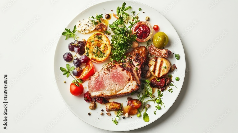 A beautifully plated meal featuring grilled meat and assorted vegetables A beautifully plated meal featuring grilled meat and assorted vegetables