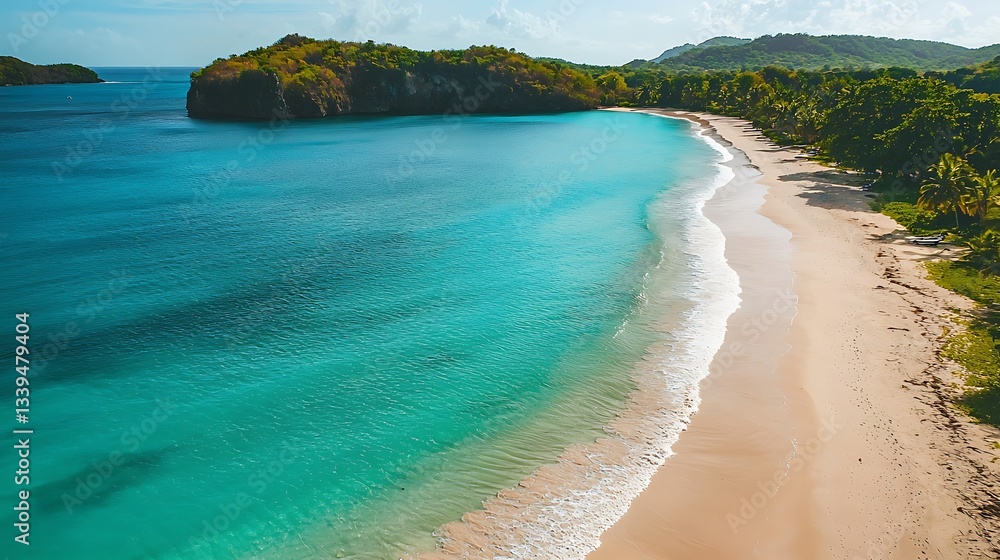 Obraz premium Tropical beach aerial view turquoise water, white sand, lush greenery, calm waves