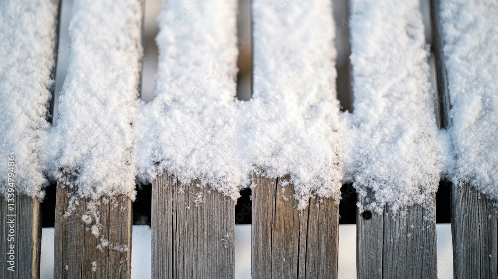 Snow blankets the weathered wooden planks in a winter scene Snow blankets the weathered wooden planks in a winter scene