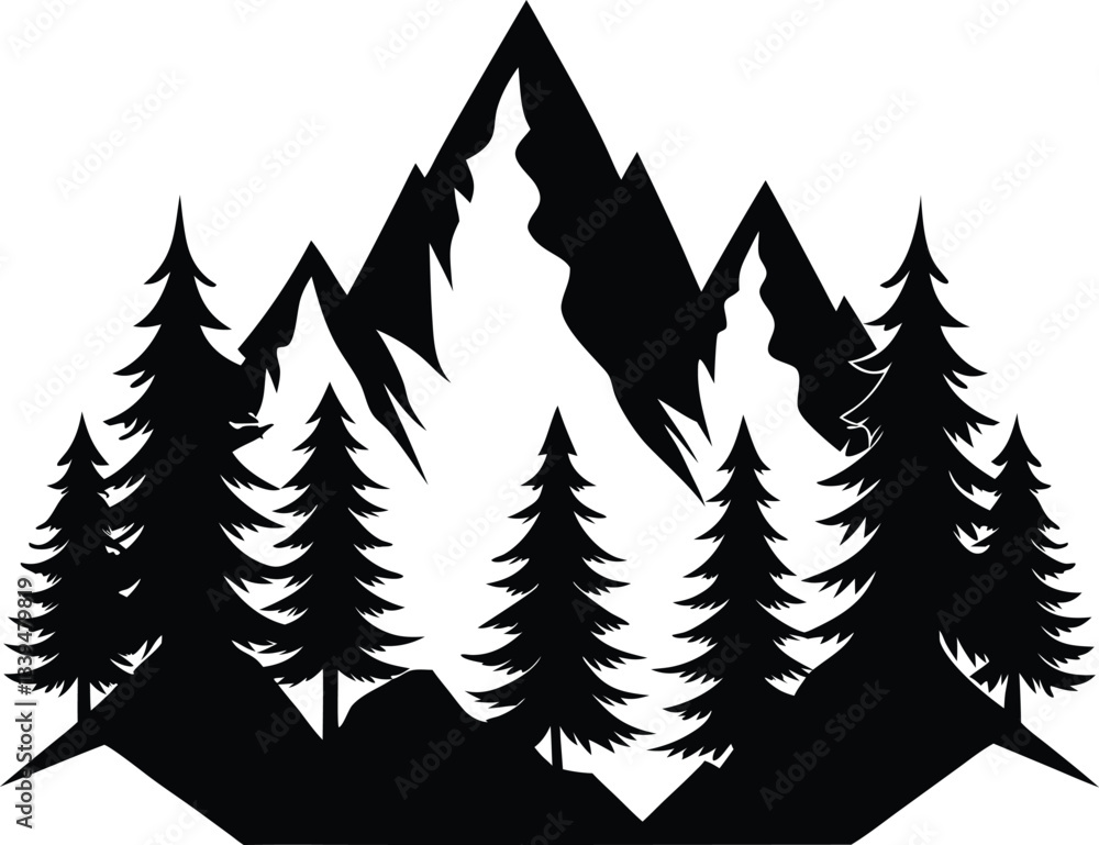 Fototapeta premium Mountains and Fir Trees Silhouette Vector Design, Nature Landscape Icon