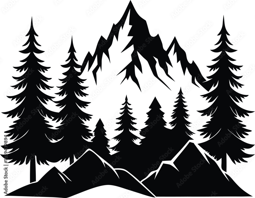 Obraz premium Mountains and Fir Trees Silhouette Vector Design, Nature Landscape Icon