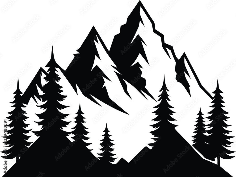 Obraz premium Mountains and Fir Trees Silhouette Vector Design, Nature Landscape Icon