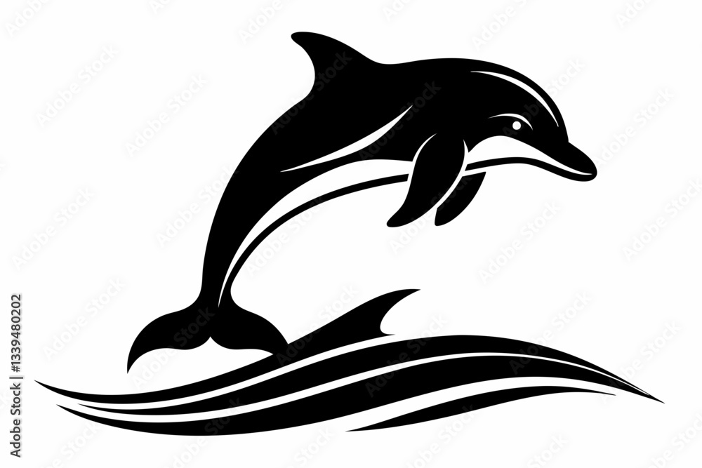 Obraz premium dolphin over a wave engraving line art silhouette vector illustration