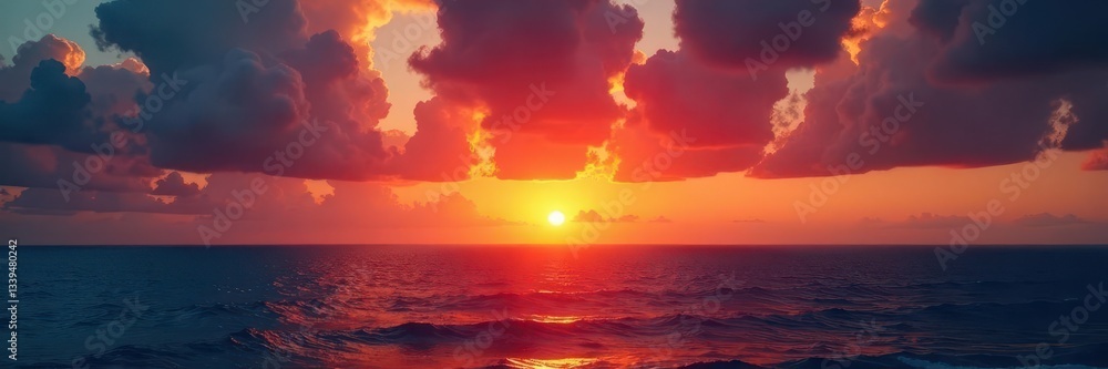 Fototapeta premium Deep gold and fiery red sunset over the tranquil Pacific, creating a mesmerizing panorama , sun, golden hour, dramatic