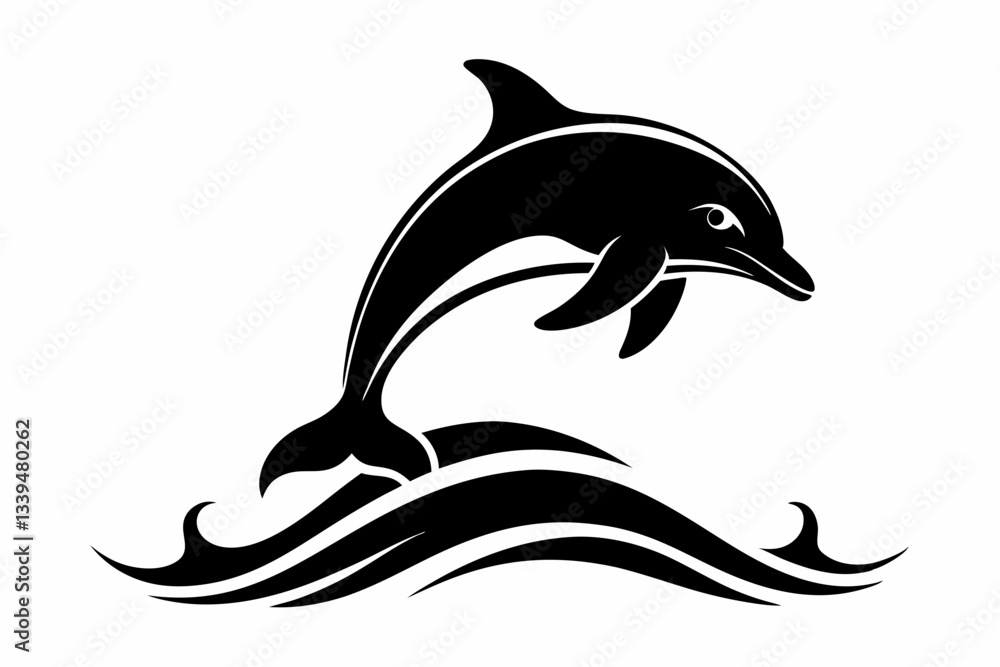 Fototapeta premium dolphin over a wave engraving line art silhouette vector illustration