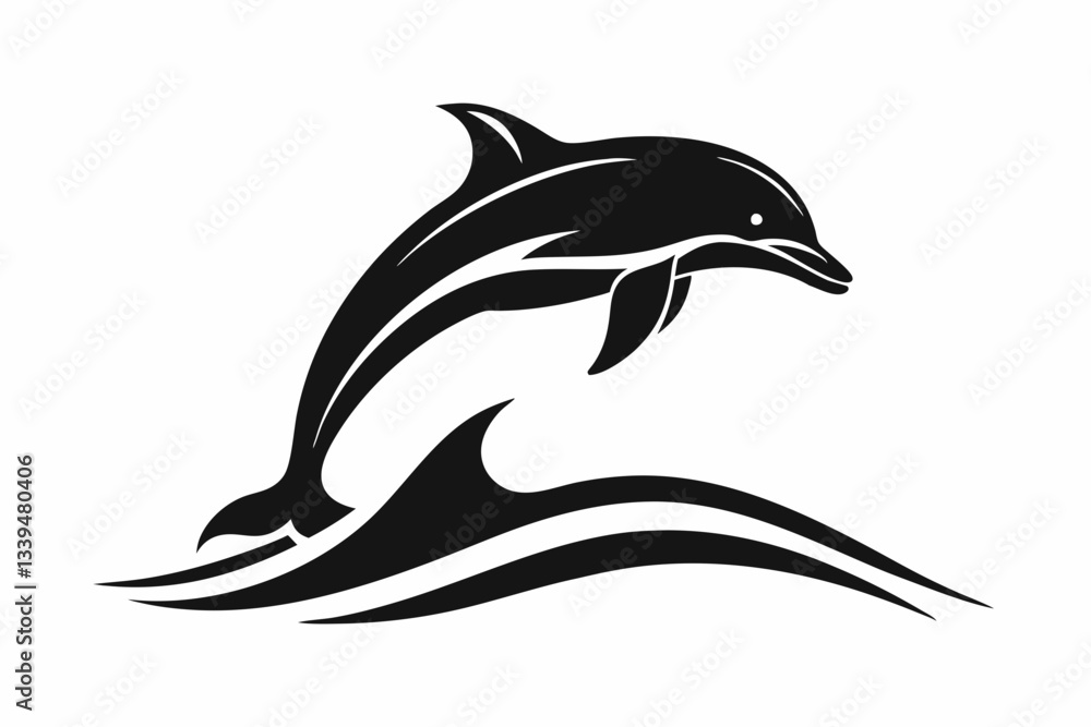 Fototapeta premium dolphin over a wave engraving line art silhouette vector illustration