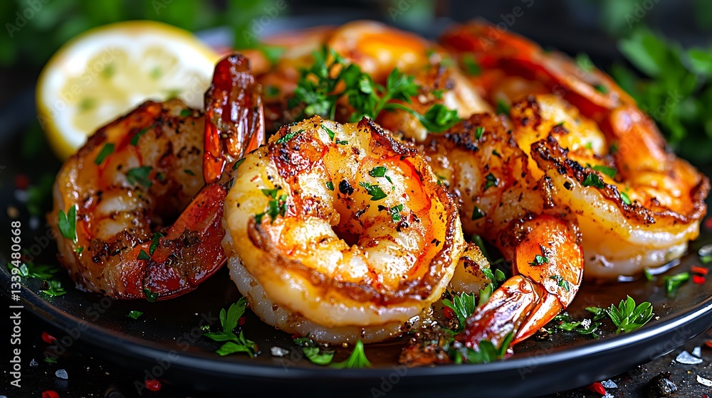 Grilled shrimp on a dark plate, garnished with lemon and parsley. Grilled shrimp on a dark plate, garnished with lemon and parsley.