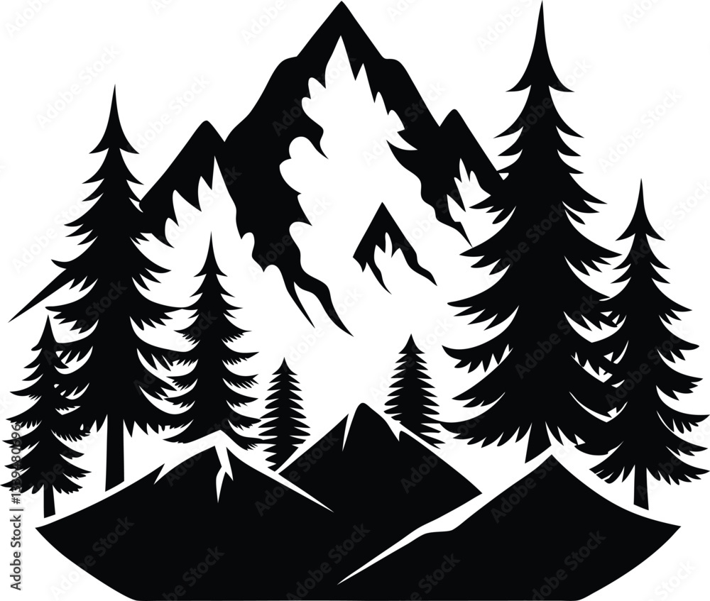 Obraz premium Mountains and Fir Trees Silhouette Vector Design, Nature Landscape Icon