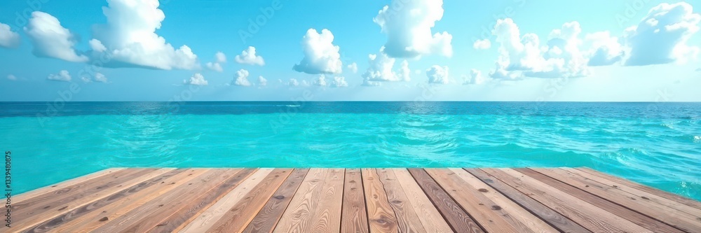 Naklejka premium Elevated wooden platform overlooking tranquil blue ocean, floor, deck, sea