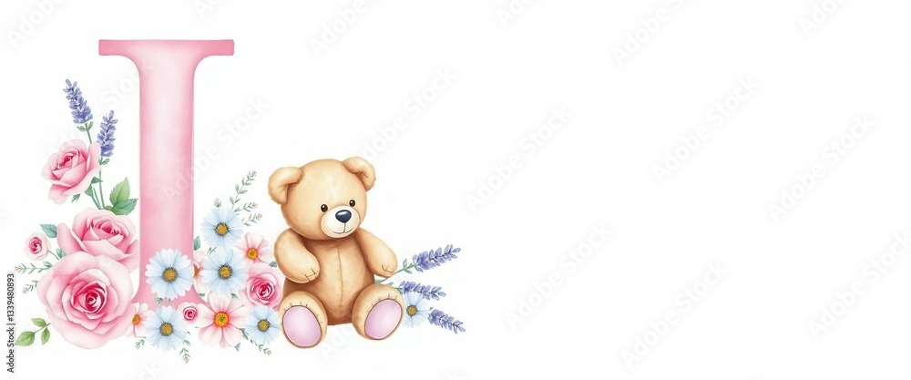 Bildbeschreibung: Niedlicher Teddybär neben dem Buchstaben Bildbeschreibung: Niedlicher Teddybär neben dem Buchstaben