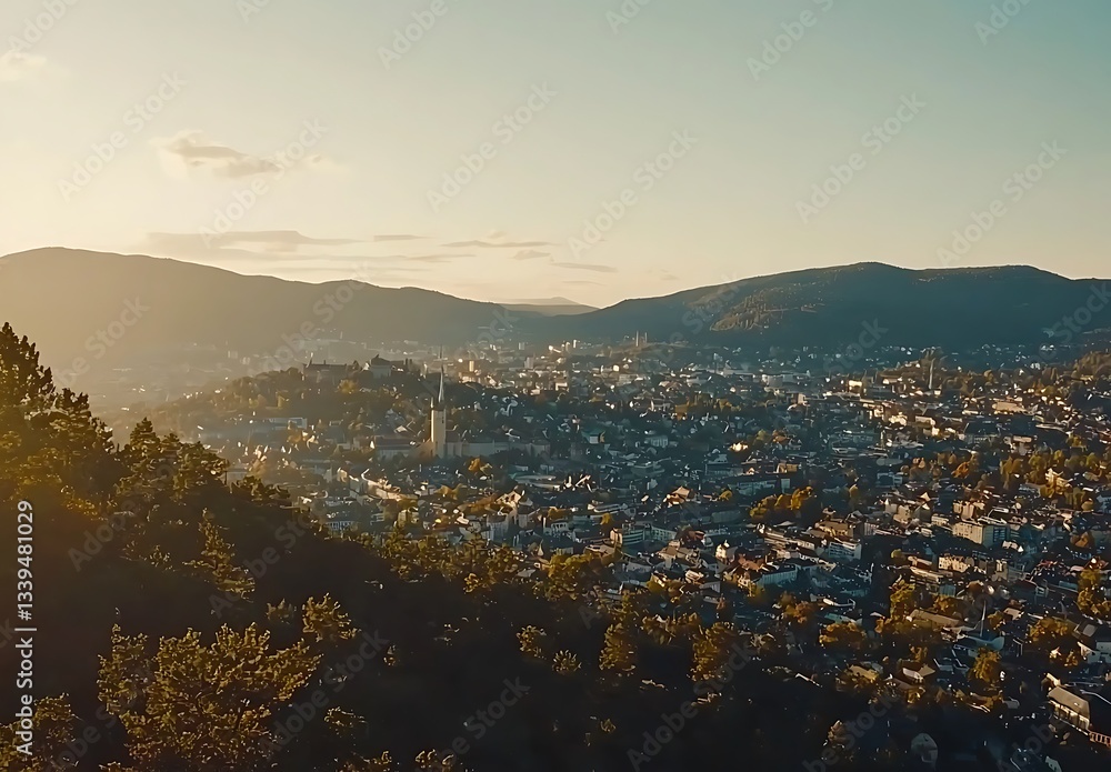 Naklejka premium View of cityscape in golden light from hillside; travel or tourism background