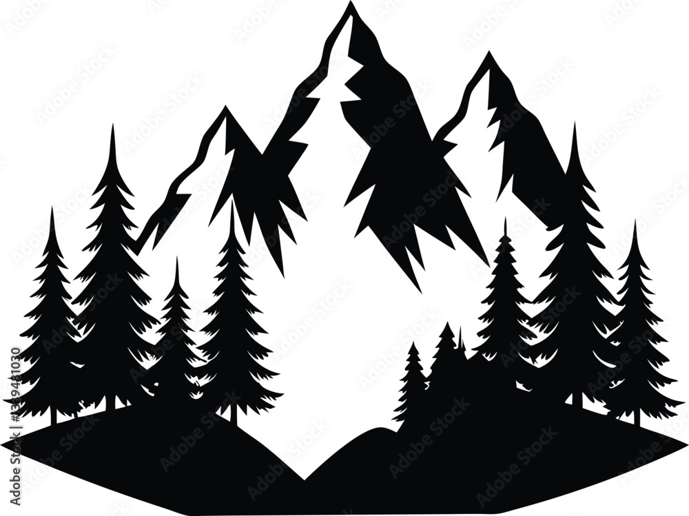Obraz premium Mountains and Fir Trees Silhouette Vector Design, Nature Landscape Icon