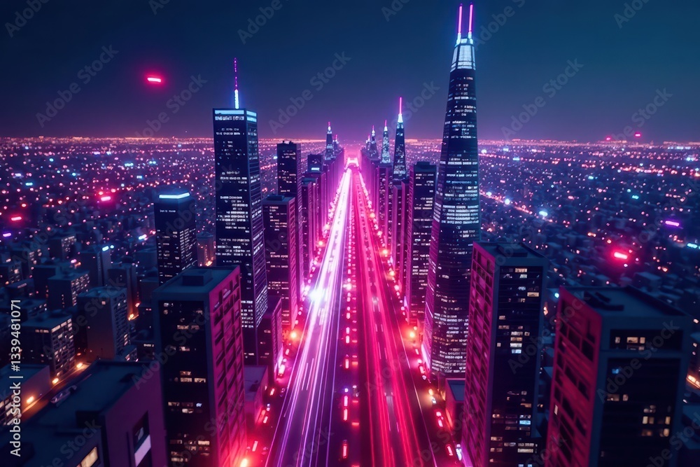 Fototapeta premium Glowing city grid, neon hues, flying vehicles, concept, technology, abstract