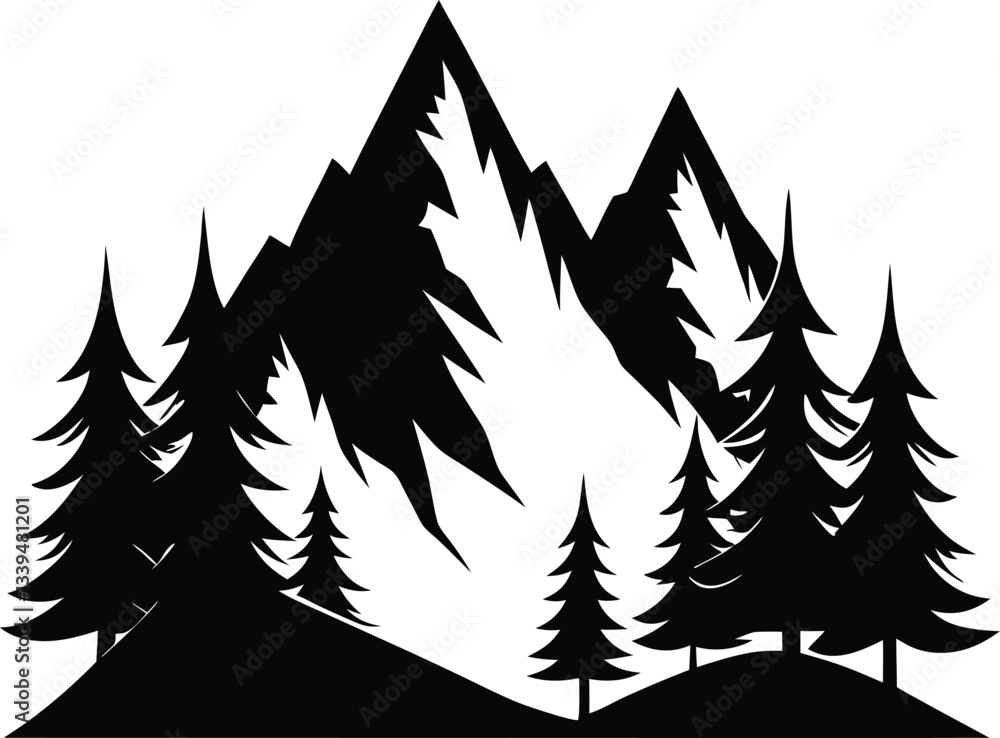 Obraz premium Mountains and Fir Trees Silhouette Vector Design, Nature Landscape Icon