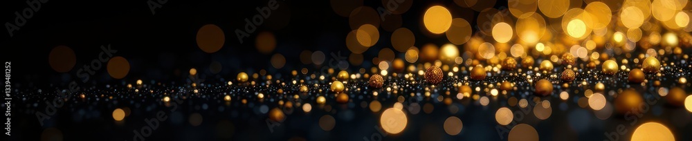 Obraz premium Golden glitter scattered on black background, sparkling effect, holiday, shiny, gold