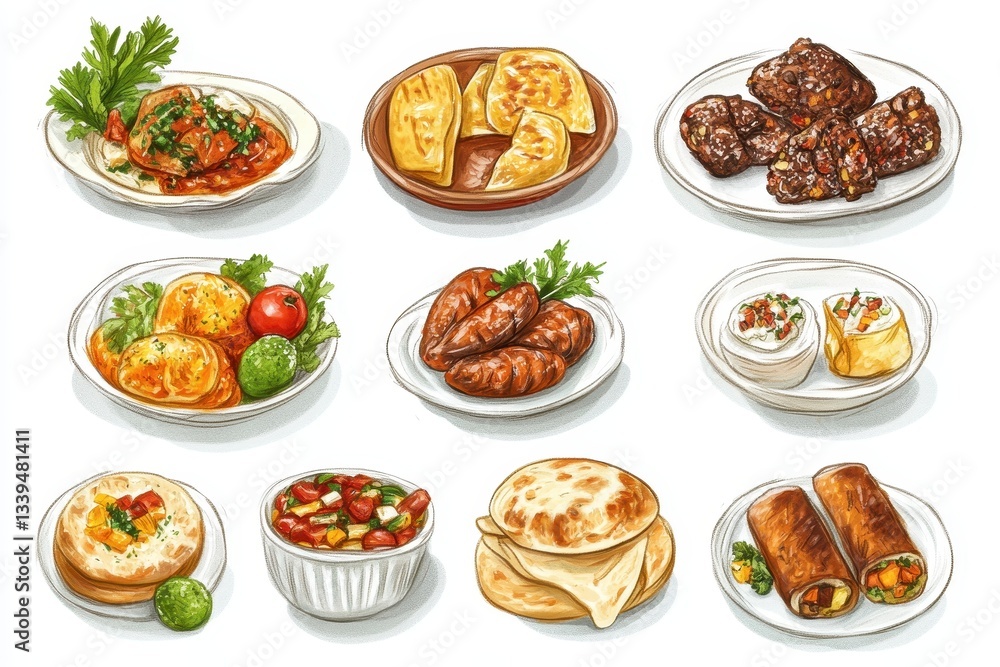 A variety of painted dishes of food on white plates A variety of painted dishes of food on white plates
