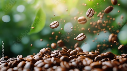 Roasted Coffee Beans Floating in Air With Ground Coffee, Dark Food Background