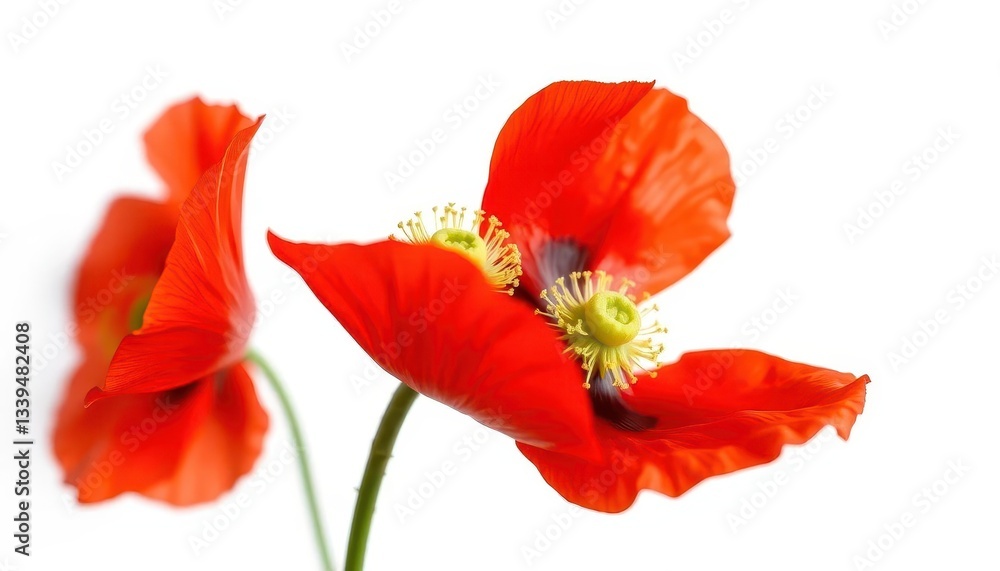 Obraz premium Single red poppy flower, vibrant petals, white background, summer, poppy flower