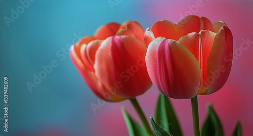 Two Beautiful Coral Tulips Bloom Against a Colorful Background in Springtime