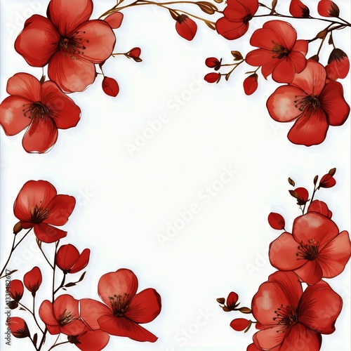 Red Flower Floral Border on White Background Creating a Frame for Text