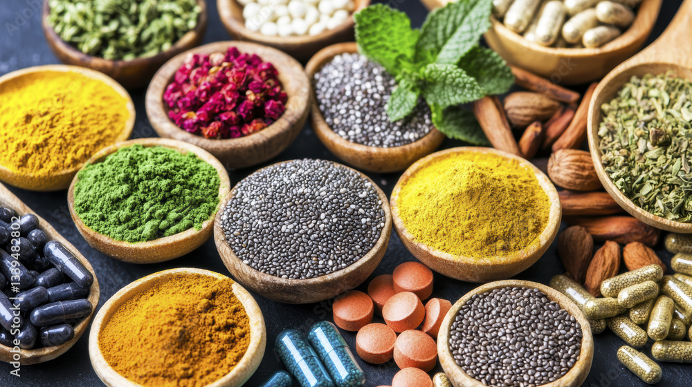 Colorful superfoods and spices arranged in bowls, showcasing vibrant textures and natural ingredients Colorful superfoods and spices arranged in bowls, showcasing vibrant textures and natural ingredients