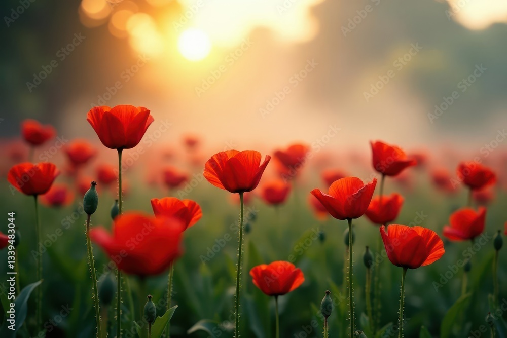 Fototapeta premium Sunlit poppies emerge from swirling morning mist , red, countryside, bloom