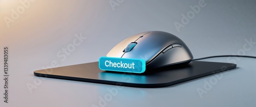 A user is finalizing an online shopping transaction by clicking the checkout button on a computer mouse placed on a minimalist mouse pad. This reflects modern e-commerce activities