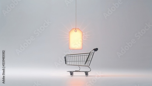 A shopping cart stands alone in a minimalist environment, with a blank price tag hanging above it. This visual represents the concept of online shopping and its simplicity in today’s market