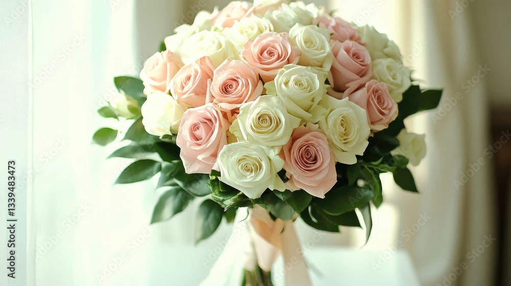Obraz premium A soft and elegant floral bouquet of pink and white roses, arranged with green leaves and a delicate ribbon.