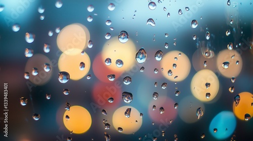 Raindrops on glass reflecting blurred city lights for a moody aesthetic.