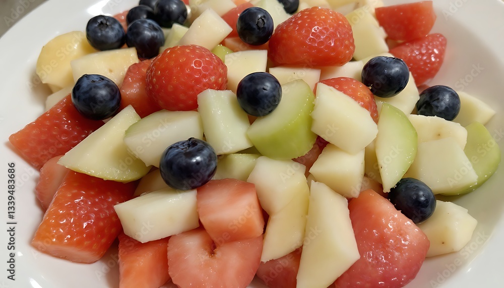 Close up of a fruit salad with blueberries strawberries and melon pieces on a white plate bowl view Close up of a fruit salad with blueberries strawberries and melon pieces on a white plate bowl view