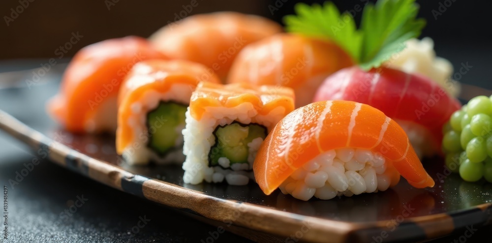 Assorted sushi pieces artfully arranged, close-up view, detail, crab, vegetables Assorted sushi pieces artfully arranged, close-up view, detail, crab, vegetables