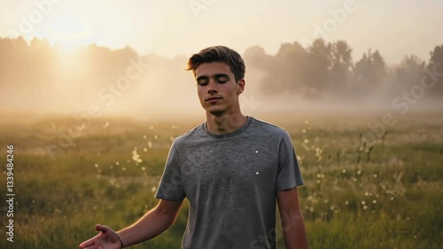 A young man stands calmly in a misty meadow, eyes closed, fully immersed in mindfulness and deep breathing. Perfect for mental well-being, spirituality, and self-reflection.