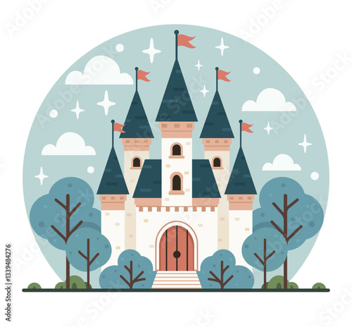 Historical or fairytale castle with towers and flags. Isolated brick structure, medieval architecture. Flat style vector