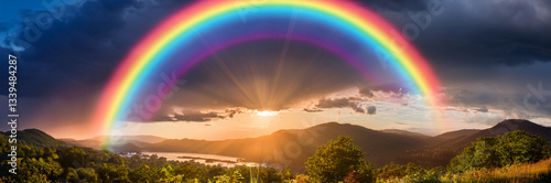 Ethereal convergence of meteorological elements, where cascading raindrops dance with radiant sunlight, births a breathtaking kaleidoscope of optical phenomena known as a rainbow.