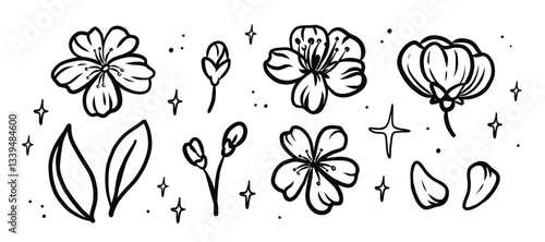 Elegant Сherry Blossom Sketch set. Cherries Vibe mood board. Bunch of decorative elements pretty charming flowers and cherry petals. Icons for diary, card, stickers, design.