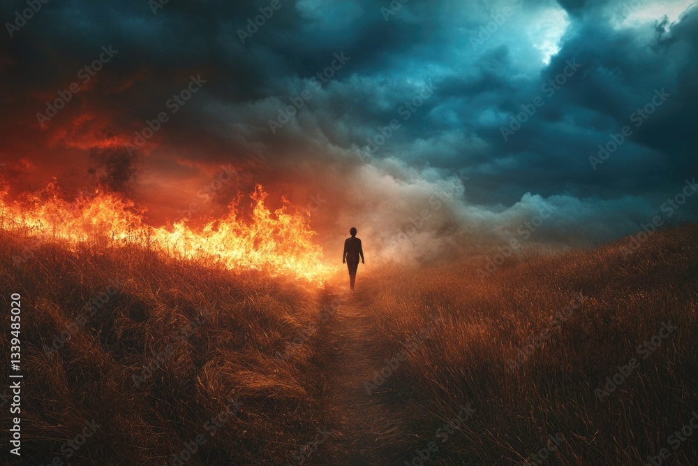 Fototapeta premium Person in field with fire