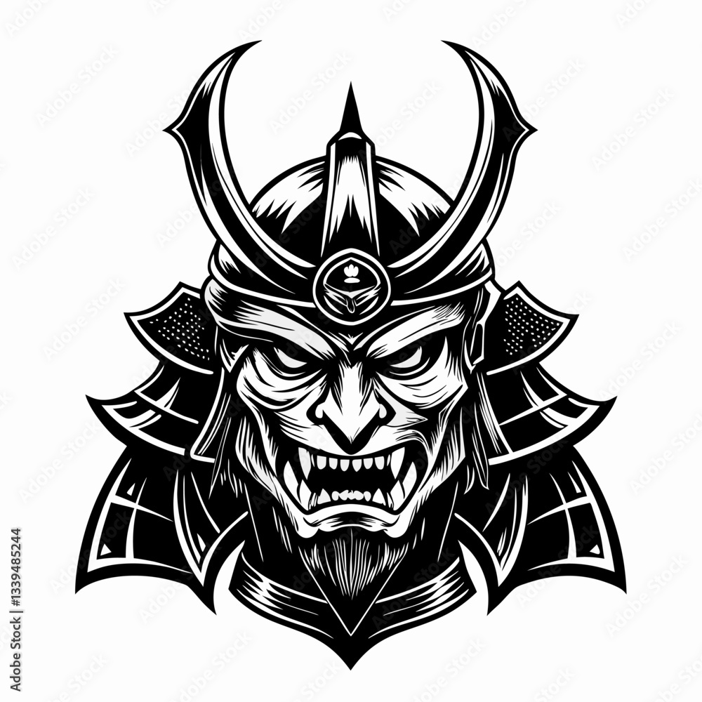 Fierce Samurai Warrior Mask Illustration in Black and White Fierce Samurai Warrior Mask Illustration in Black and White