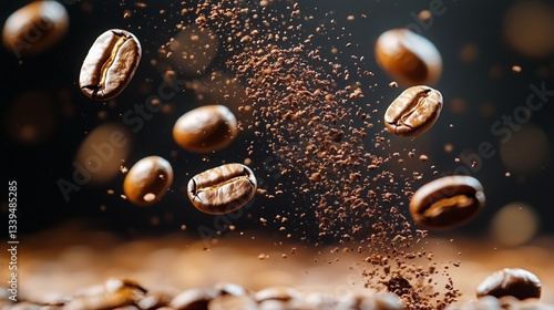 Roasted Coffee Beans Floating in Air With Ground Coffee, Dark Food Background