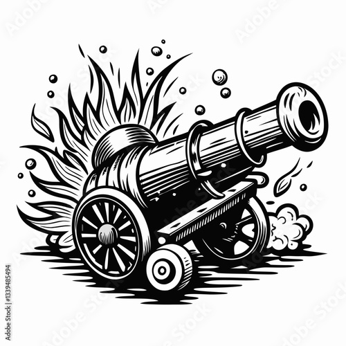 Vintage Cannon Illustration with Explosive Blast in Black and White Art