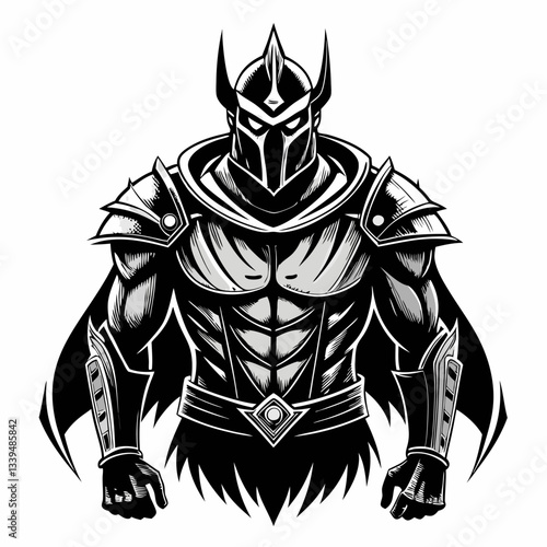 Fierce Black and White Armored Warrior Illustration Bold Medieval Knight  Art