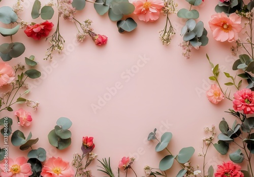 Floral Frame of Pink Carnations, White Blossoms, and Green Eucalyptus Leaves ...