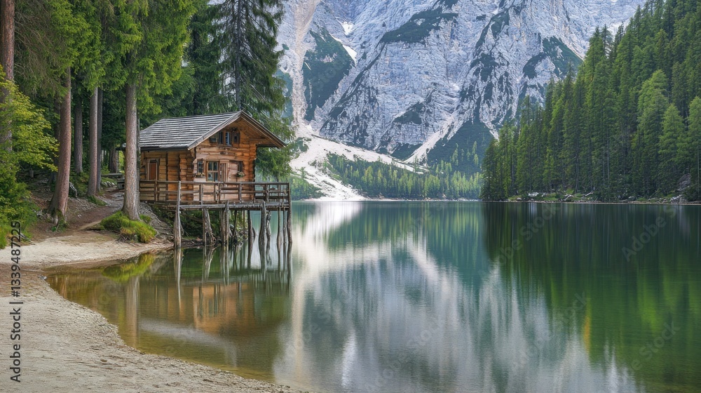 Fototapeta premium Wooden cabin on stilts by a calm mountain lake surrounded by pine trees