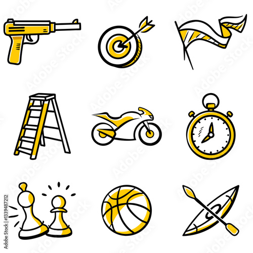 Sport and leisure activity icons collection in yellow, recreation symbols