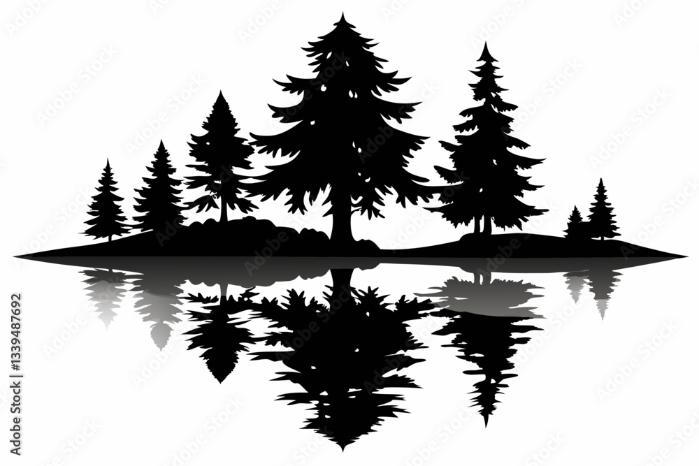 Fototapeta premium reflection in water pine tree line art silhouette vector illustration