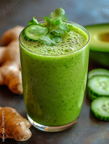 Glass of Green Smoothie With Cucumber, Ginger and Cilantro on Wood Surface